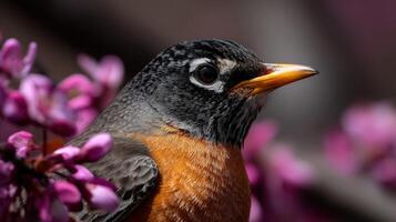 A bird is perched on a branch of a tree with purple flowers photo