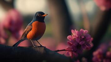 Robin perched on branch among spring blossoms photo