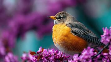 Bright robin resting among spring flowers in bloom photo