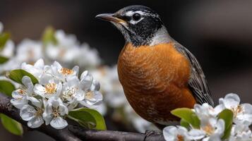 Robin perched on blooming branch during springtime photo