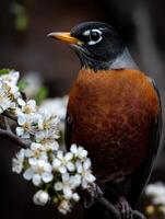 Robin perched on flowering branch during spring season photo