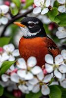 Bright robin perched among spring blossoms photo