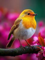 Robin sits on a branch with spring flowers photo
