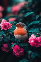 Robin in blooming pink flowers this spring photo