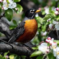 Robin perched among blooming flowers in spring photo