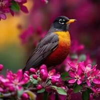 A bird is perched on a branch of a flowering tree photo