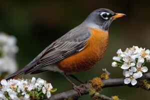 Brightly colored robin perched among spring blossoms photo