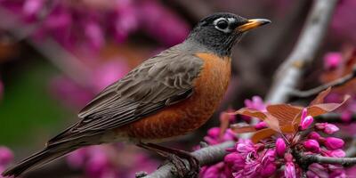 Robin perched among blooming pink flowers in spring photo