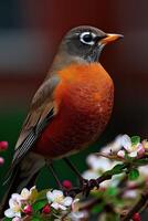 Robin perched on blossoms during springtime photo
