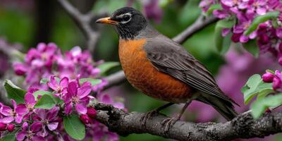 A bird is perched on a branch with purple flowers photo