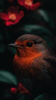 Spring robin perched among vibrant flowers in nature photo