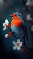 Robin perched on blossoms in springtime hues photo