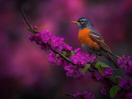 Robin perched on bright spring flowers photo