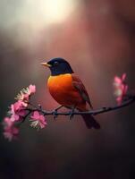 Spring robin perched on cherry blossom branch photo
