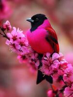 Vibrant robin perched on blooming spring flowers photo