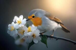 Colorful robin perched on spring blossom branch photo