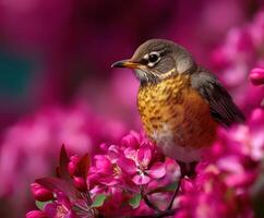 A bird is sitting on a branch of a flowering tree photo