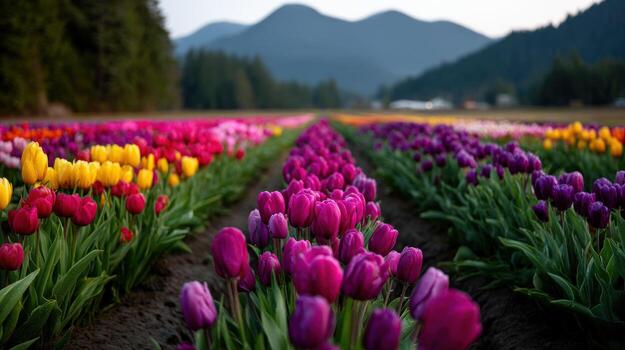 Vibrant tulip field in spring under blue mountains photo