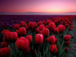 Red tulips blooming at dawn in springtime fields photo