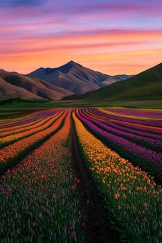 Colorful tulip fields under a vibrant spring sunset photo