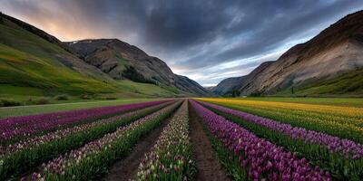 Vibrant tulip fields in spring mountains photo