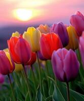 Vibrant tulips bloom under a sunset sky in spring photo