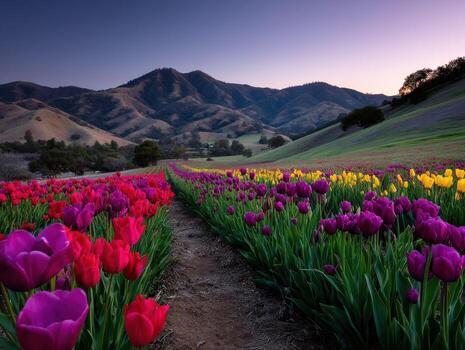 Tulip fields bloom in spring mountain sky photo