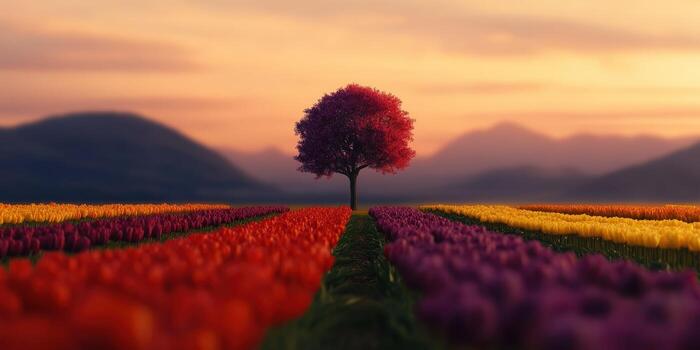 Colorful tulip fields bloom under a spring sunset photo