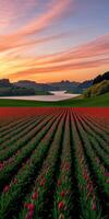 Vibrant tulip fields bloom under a colorful spring sky photo