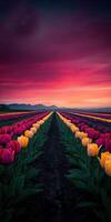 Colorful tulip field at sunset in spring season photo