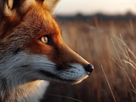 Fox observing its surroundings during sunset in a field photo