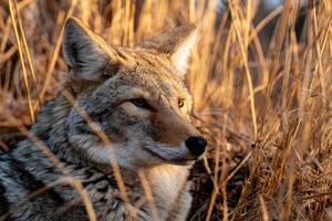 Coyote rests in golden grass at sunset photo