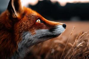 Fox gazes into the sunset in a golden field photo