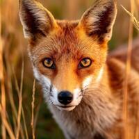 Wild fox in golden grass during sunset hours photo