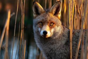 Fox rests among tall grass during golden hour photo