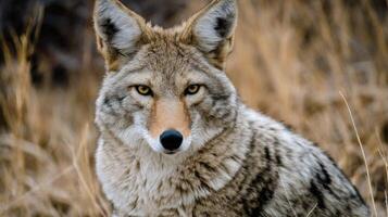 A coyote is sitting in the grass photo