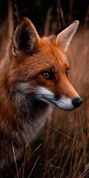 A fox is standing in the grass with its eyes wide open photo