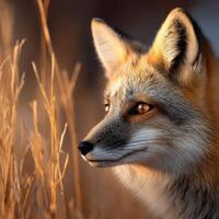 A fox is looking into the distance in a field photo