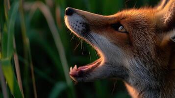 A fox is roaring in the grass photo