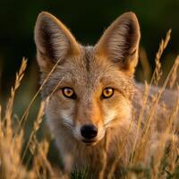 A fox is looking at the camera in the grass photo