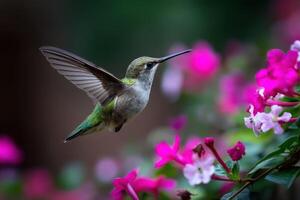 Hummingbird in flight with pink flowers photo