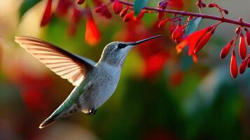 A hummingbird flying over a red flower photo