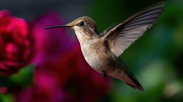 A hummingbird flying near a pink flower photo