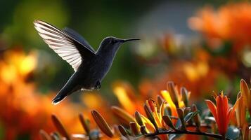 A hummingbird flying over a flower with orange leaves photo