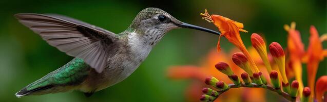 A hummingbird is flying near a flower photo