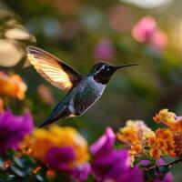 A hummingbird flying over a colorful flower photo