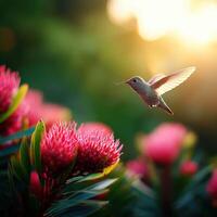 A hummingbird flying over pink flowers with the sun in the background photo