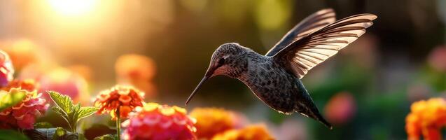 Hummingbird flying over flowers with sun in background photo