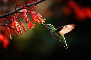 A hummingbird is flying near a red flower photo