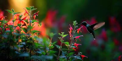 A hummingbird flying over a flower with red and green leaves photo